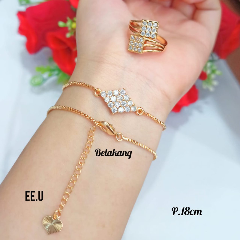 Gelang TITANIUM Rantai itali plat FREE cincin motif full permata zircon,gold tidak karat COD