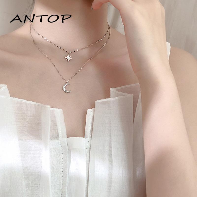 Kalung Rantai Double Layer Bentuk Bulan Bintang Untuk Wanita