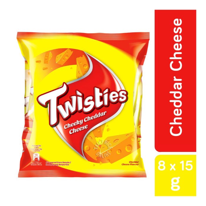 

Ready stock Twisties Corn Snack - Cheeky Cheddar Cheese 8 x 15g
