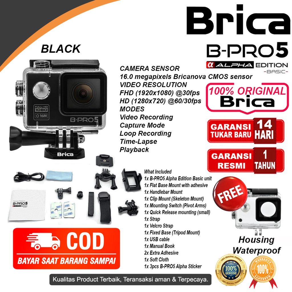 Brica B-Pro 5 Alpha Edition Action Cam AE3S -  AE Basic - AE Lite - AE1 4K - AE2 - AE2S - Kamera Brica-AE BASIC BLACK