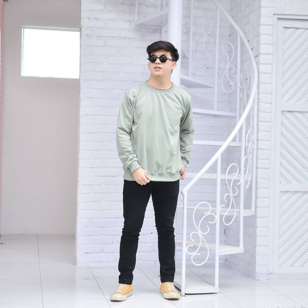 SWEATER JAKET PRIA WANITA POLOS CREWNECK BASIC HIJAU MINT