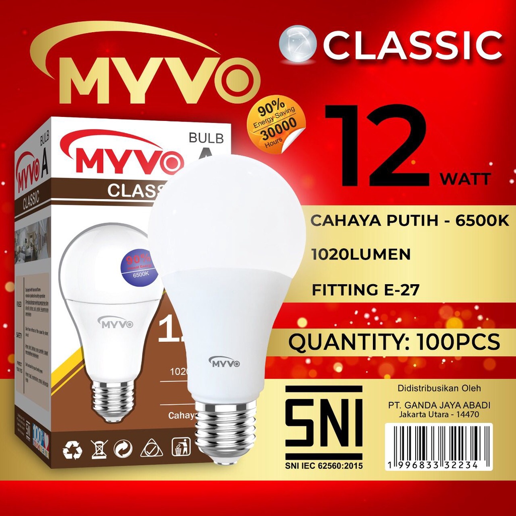 Lampu Led 12watt Myvo Classic A Bulb Cahaya Putih Bergaransi