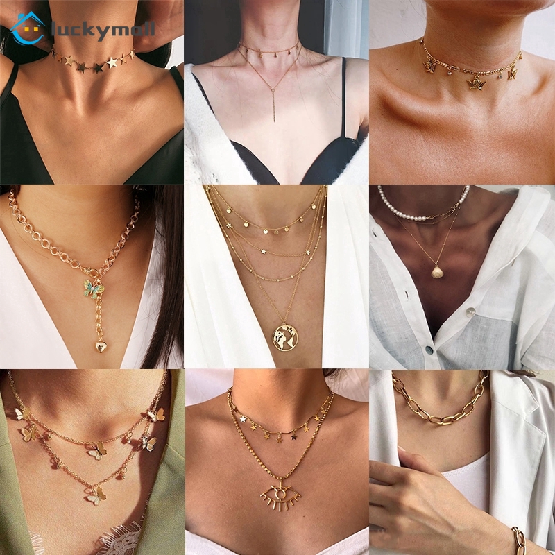 Kalung Rantai Choker Liontin Kupu-Kupu Mutiara Warna Emas Gaya Retro Bohemian Untuk Wanita