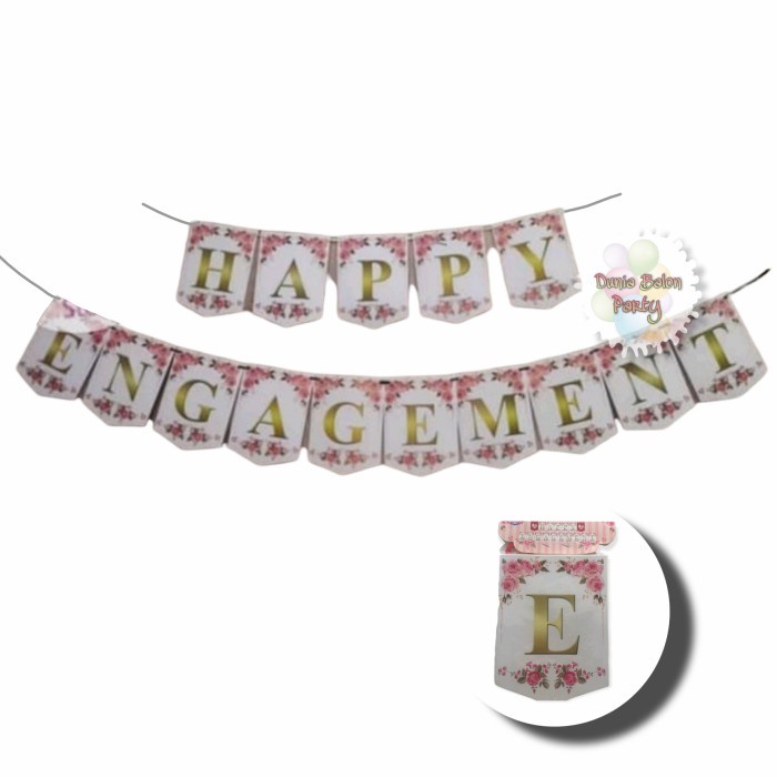 Banner Happy Engagement / Bunting Flag Engagement Putih Bunga