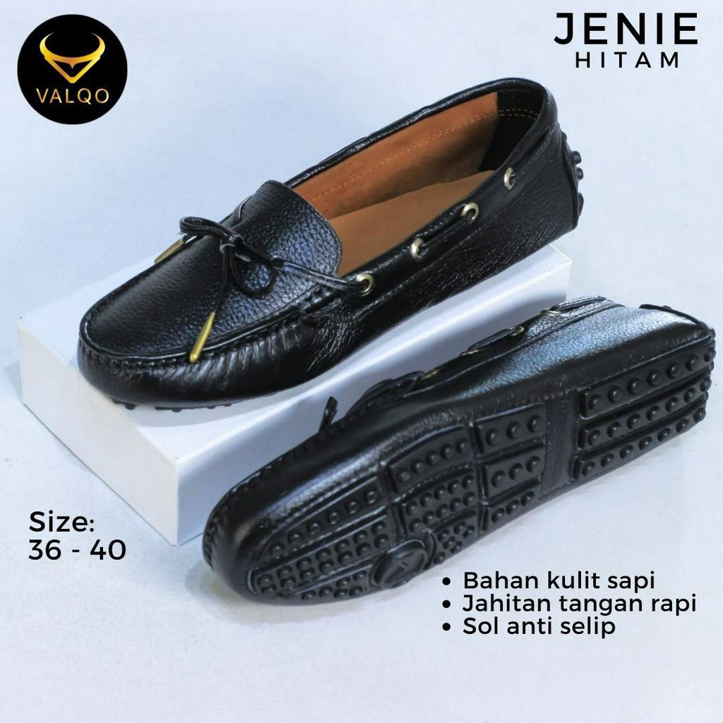 [VALQO] JENIE Hitam Sepatu Kulit Sapi Wanita Kantor Santai Loafer Flat Shoes Sole Anti Selip