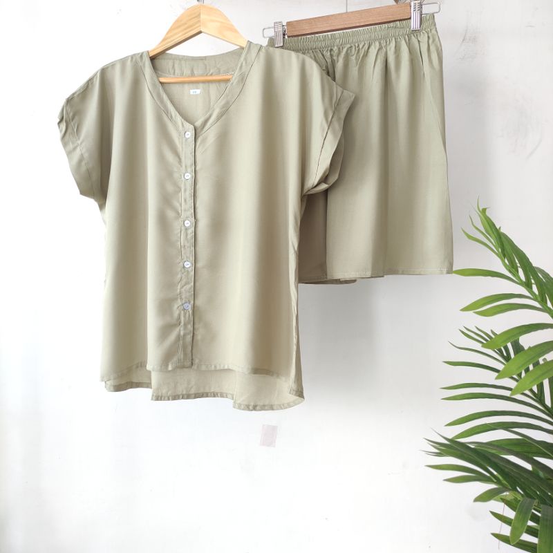 PIYAMA KANCING PENDEK | PIYAMA RAYON | BAJU TIDUR RAYON-VN MINT