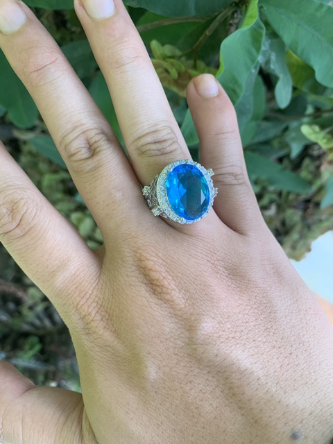 Cincin Perak Akik Topaz Sky Blue Cutting Mewah Berkelas