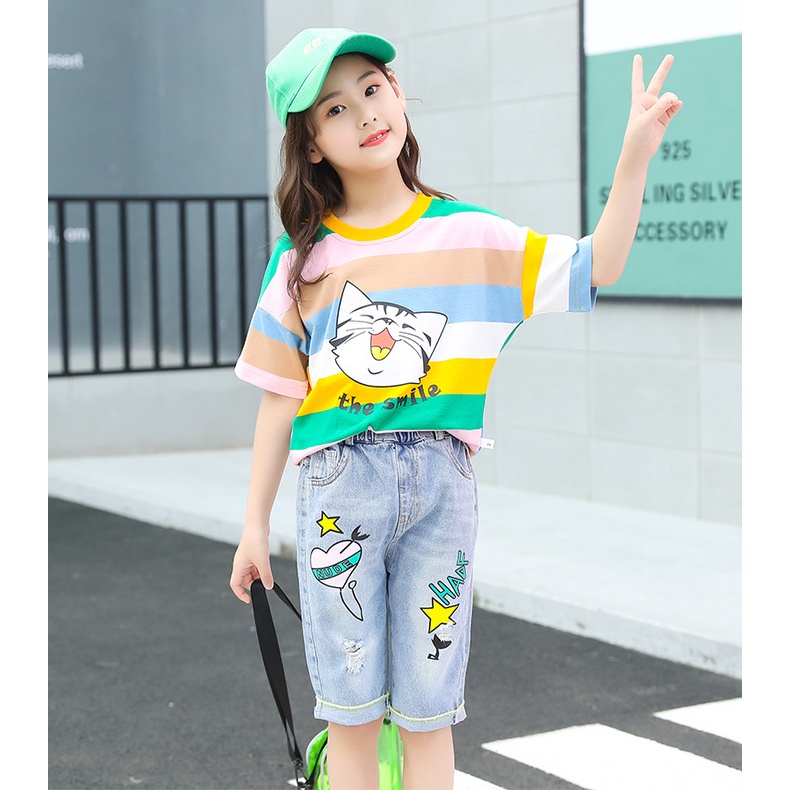 babyfit NUNOO CAT baju setelan anak perempuan celana jeans dengan blus