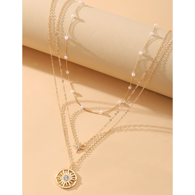 LRC Kalung Fashion Golden Sun Artificial Pearl Multilayer P76078