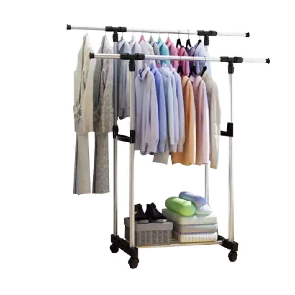 Rak Gantungan Baju Double Rod Rack Stainless + Roda