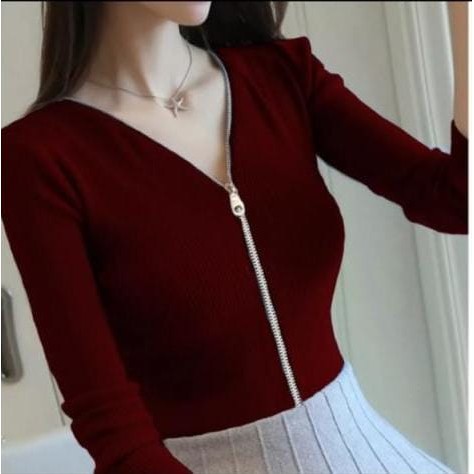 zelline official atasan rajut slim chyntia zipper