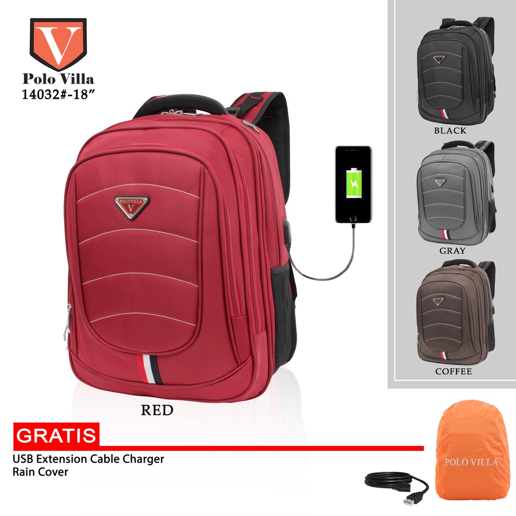 (TSI) Tas Polo Villa 14032 Original Gratis RainCover dan Kabel USB Tas Backpack Tas Sekolah