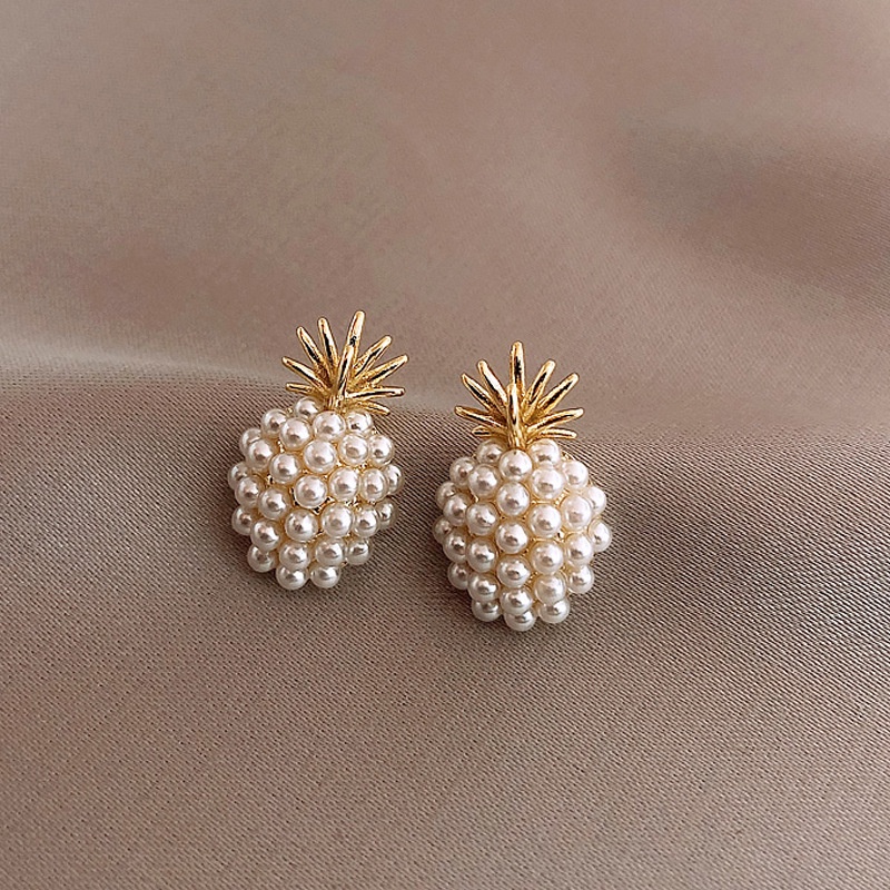 Anting Stud 925 Silver Needle Bentuk Nanas Aksen Mutiara Gaya Retro Perancis