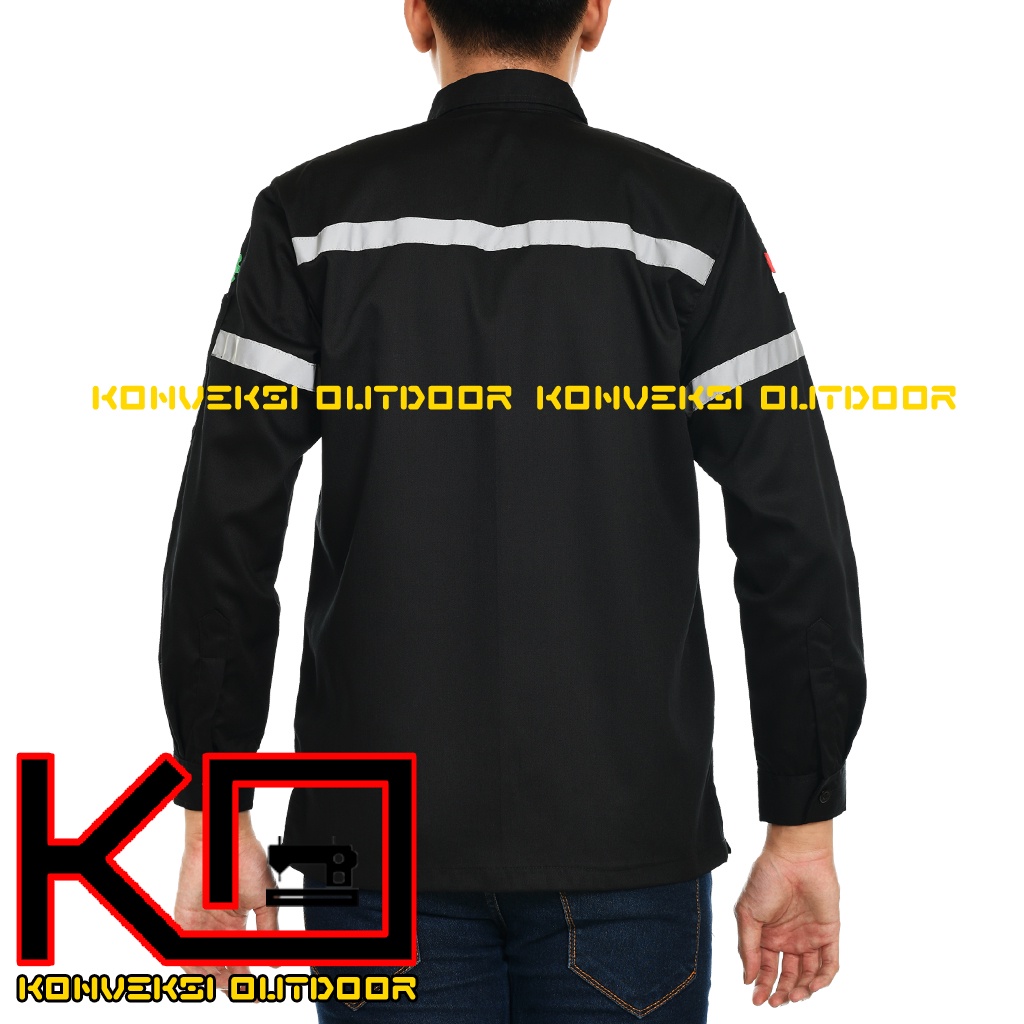 BAJU KEMEJA SERAGAM ATASAN WEARPACK SAFETY K3 TAMBANG PROYEK LENGAN PANJANG - Kemeja Kerja Pria Lapangan Lengan Panjang Proyek Bangunan Tambang Infrastruktur PLN Enginer Instalasi Mesin werpek sefti Scotlet Warna Hitam Konveksi Outdoor