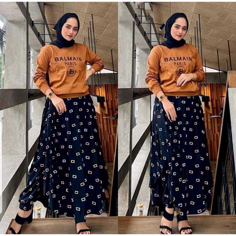 AZ NEW SET ROK BLOUSE BAHAN BABYTERY PINGGANG KARET KANTONG KANAN KIRI / SET ROK FASHION / SETELAN ROK WANITA-Balman Brick/bata