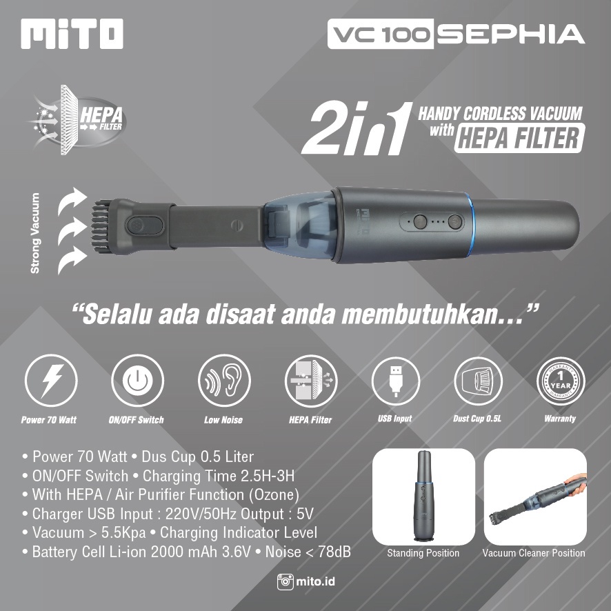 Vacum Cleaner MITO VC 100 Sephia Penyedot Debu Wireless Hepa Filter Garansi Resmi