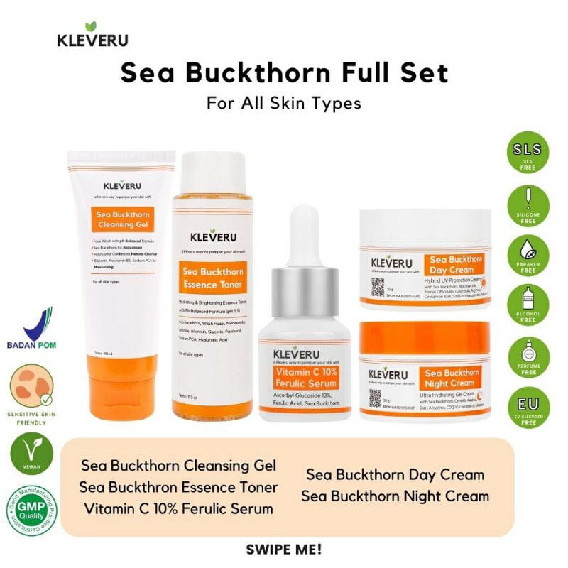 KLEVERU Sea Buckthorn Series | Cleansing Gel Facial Wash | Essence Toner | Day Night Cream