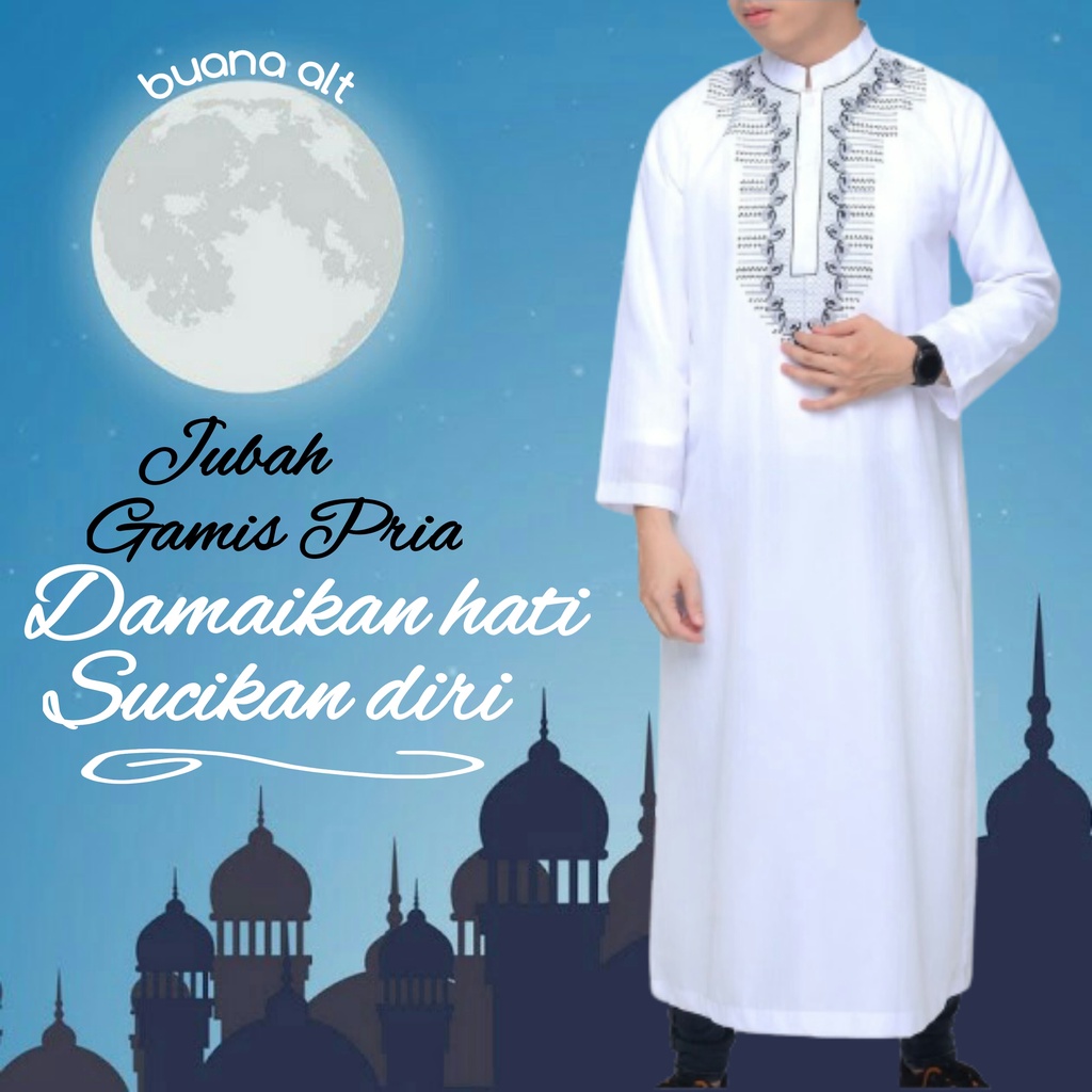 Gamis Pria Baju Jubah Pria Lengan Panjang Putih Bordir
