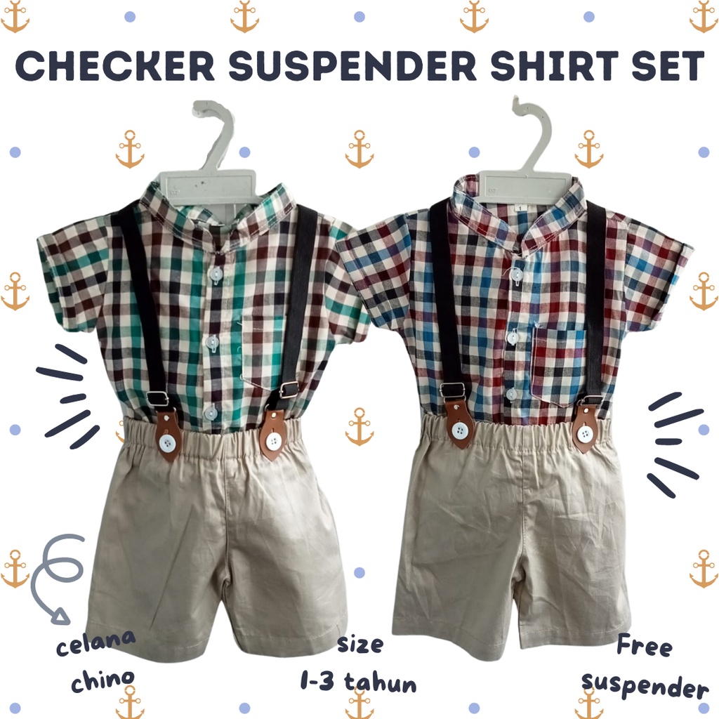 setelan kemeja anak celana chino lengan pendek ANCHOR CHECKER shirt suspender set 1-3 tahun anak laki laki baby balita cowok baju pergi adem