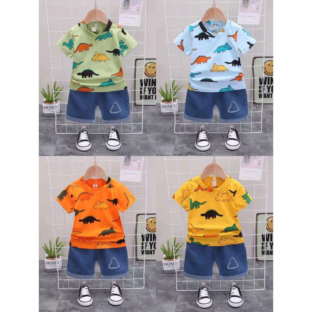 HappyOliver SET JEANS COLOUR DINO 065 EBV Setelan Kaos Anak Bayi Laki-laki Lengan Pendek 6bulan - 4tahun