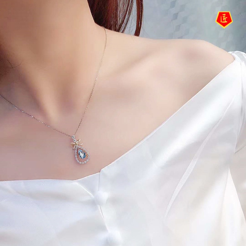 [Ready Stock]Bow Aquamarine Pendant 18K Gold Zircon Necklace Elegant Graceful