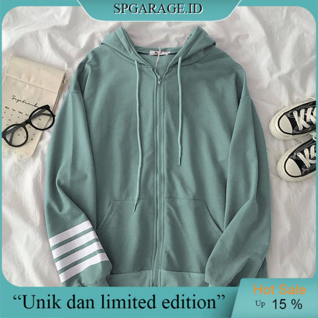 Zopy Zipper Hoodie Sweater Hodie Casual Fashion Wanita Pria Jaket Hudie Motif Reglan Salur Fleece