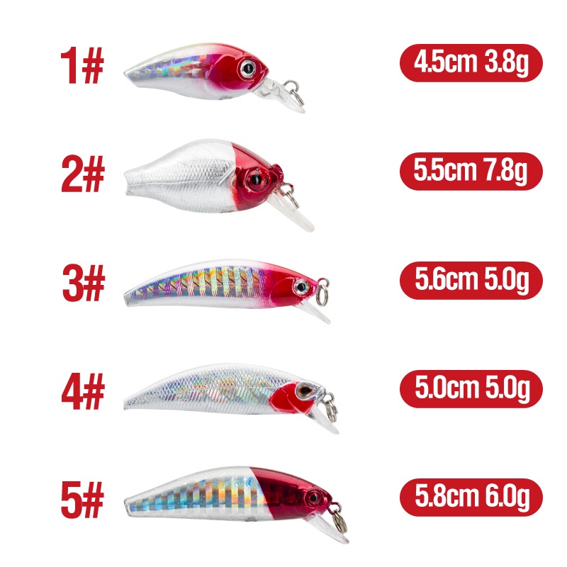 5pcs / Kotak Umpan Pancing Hard Bait Bentuk Ikan Kecil Mata 3D Bahan Plastik 5 / 5 / 6g Berat 3.8 / 7.8 / 5 Warna