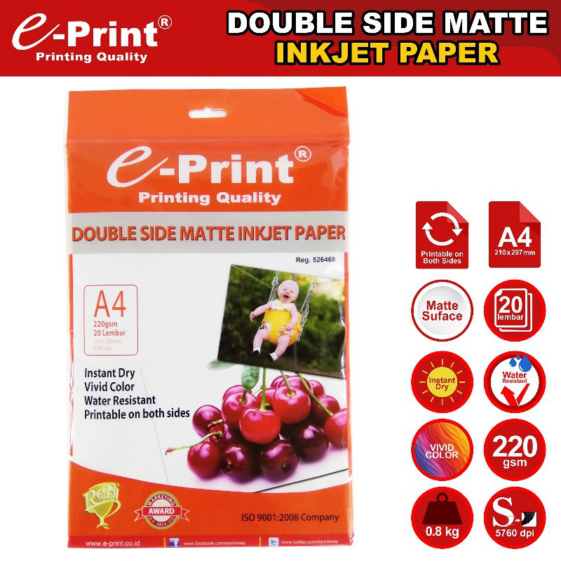 

[PAK] DOUBLE SIDE MATTE INKJET PAPER E-PRINT EP A4 220GR 20S*