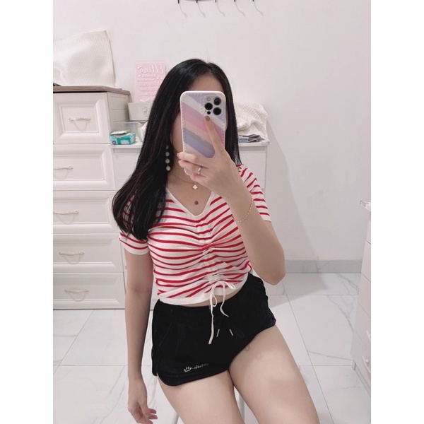 Croptop salur knit serut depan | atasan rajut salur | top rajut serut depan | atasan import | korean fashion wanita | aquarius boutique89 grosir