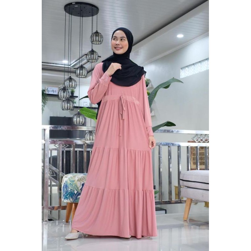 Gamis Jersey Model Serut Depan Bahan Jatuh Tebal
