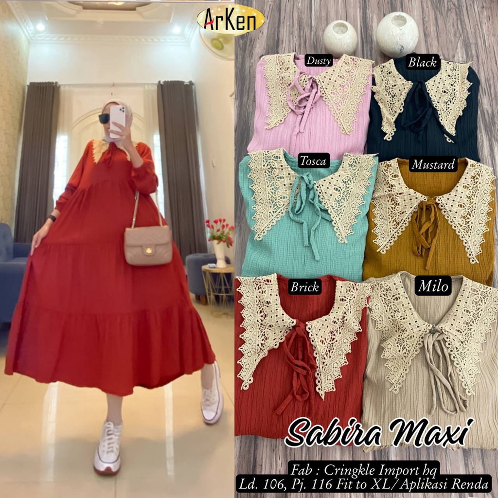 RESTOK SABIRA MIDI DRESS GAMIS COLLAR CRINKLE ORI ARKEN