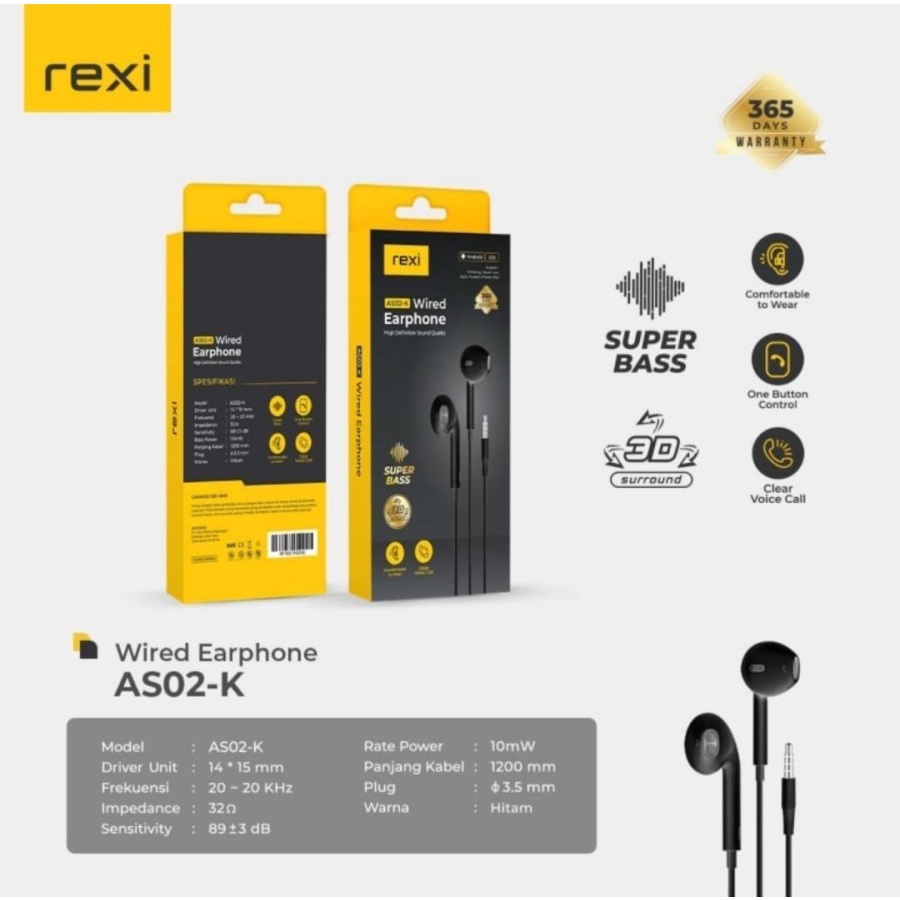 HEADSET REXI WIRED AS02-K EARPHONE SUPER BASS