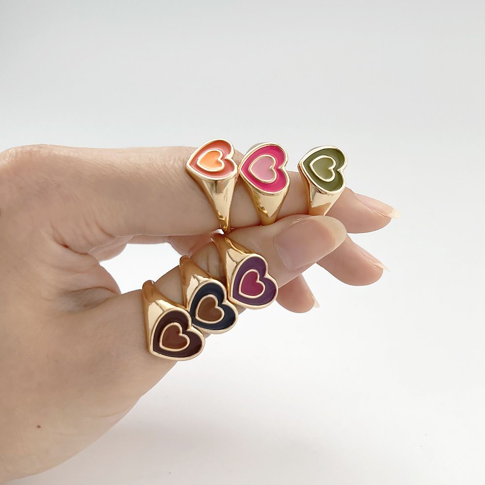 Needway  Colorful Heart Rings Simple Finger Rings Open Ring Dripping Oil Creative Korean Temperament Vintage Double Layer Love Fashion Jewelry