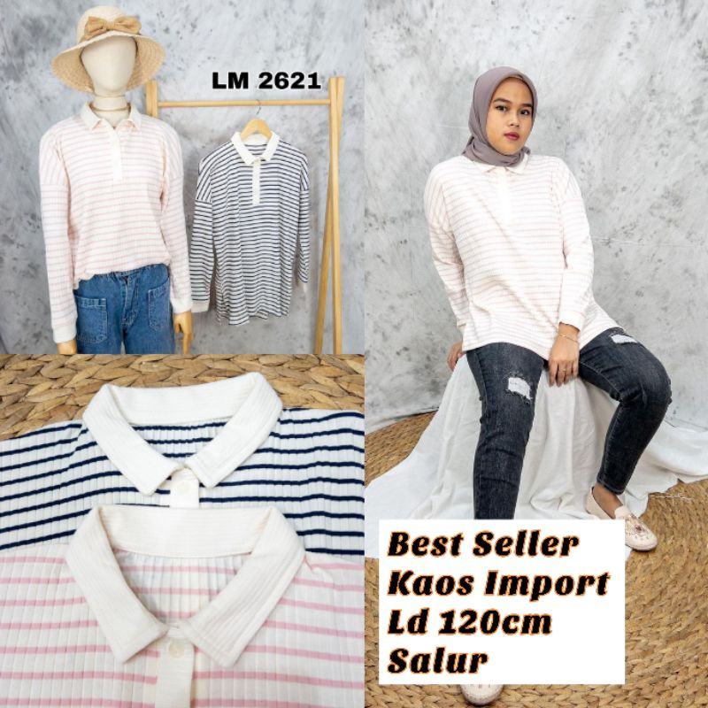 BJ Atasan Blouse Kaos Import Salur Wanita Jumbo Lengan Panjang Ld 120 LM 2621 Stripe Blus