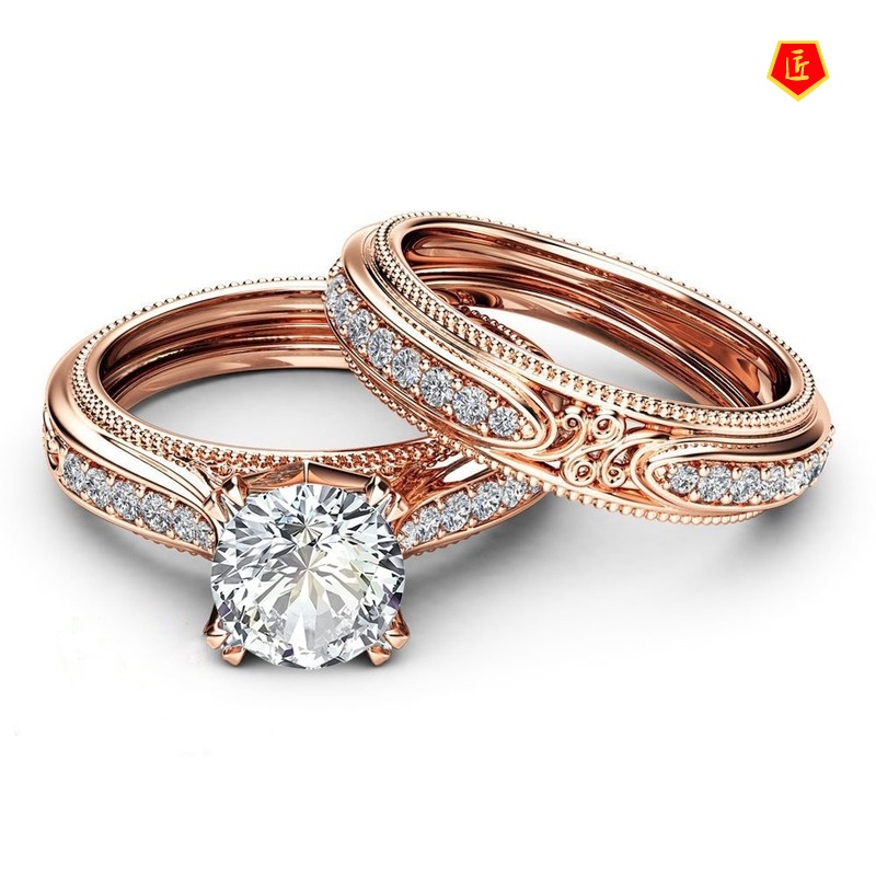 [Ready Stock]14K Rose Gold Vintage Inlaid Diamond Ring Set