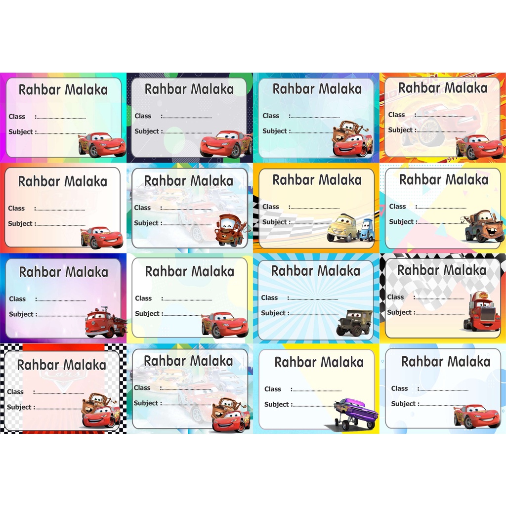

Cars Mcqueen Label stiker buku nama kelas mapel custom