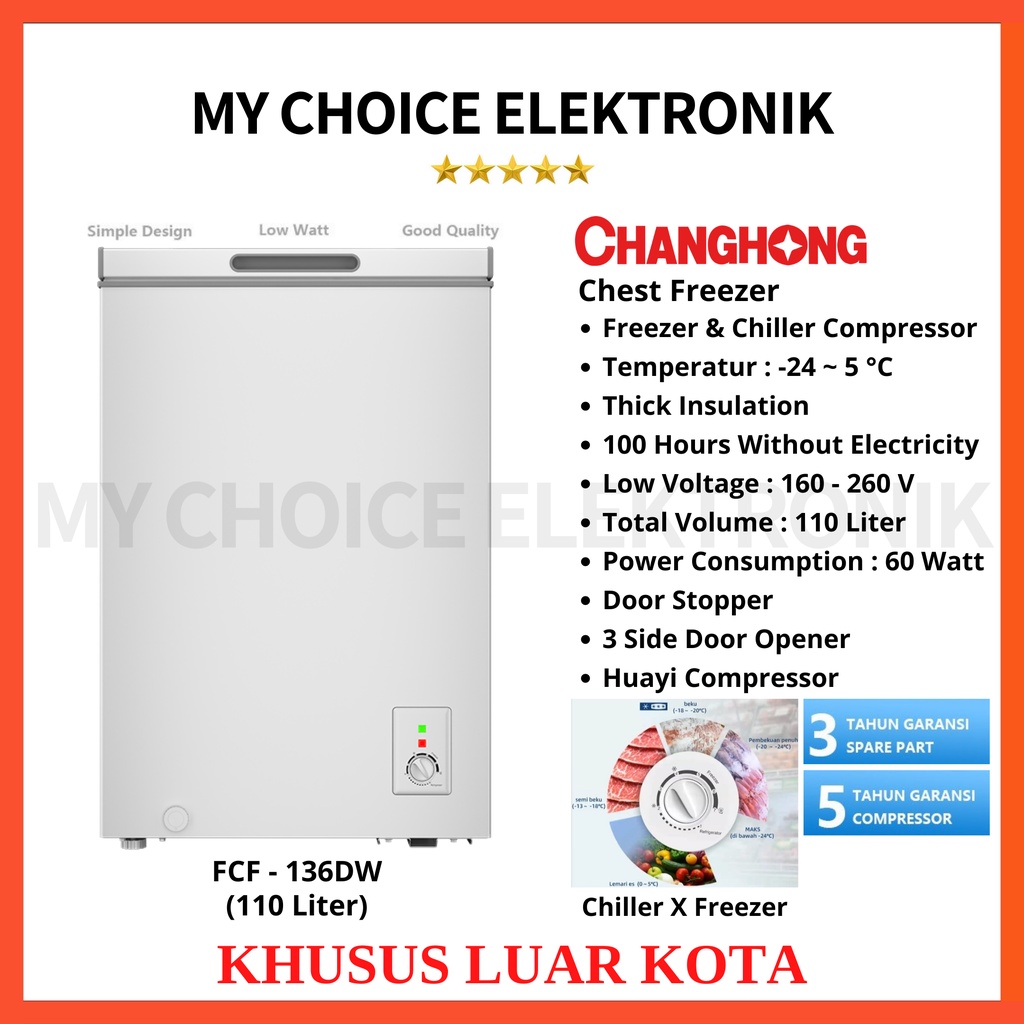 Changhong Chest Freezer FCF-136DW (Freezer &amp; Chiller 110L) [Luar Kota]