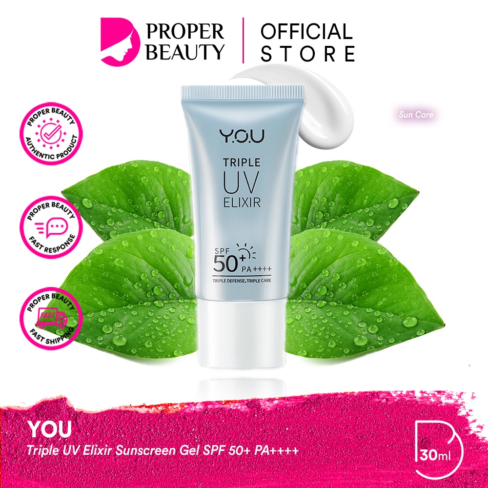 YOU Triple UV Elixir Sunscreen Gel SPF 50+ PA++++ Indonesia / Sunblock Wajah 30ml / Triple Defense Triple Care / UVA UVB Blue Light Protection / Tabir Surya Sunblok / Pelindung Sinar Matahari / Skincare Face / Tone Up Hyaluronic Acid / Y.O.U Series Paket