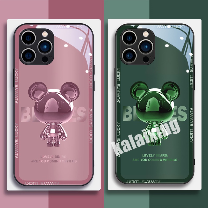 Hard Case Tempered Glass Motif Beruang Untuk iPhone 14 Pro MAX 13Pro 12 11 Pro MAX XR XS MAX 7PLUS 8PLUS