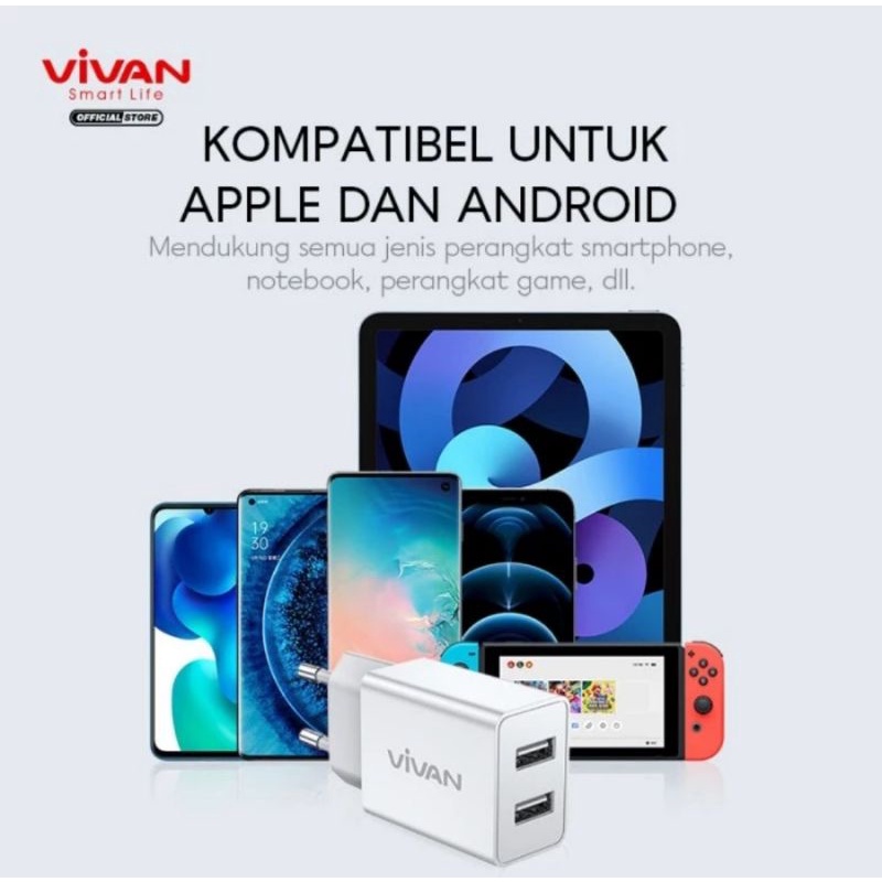 VIVAN Dual USB Charger 2.4A DD02 12W with Charging Cable