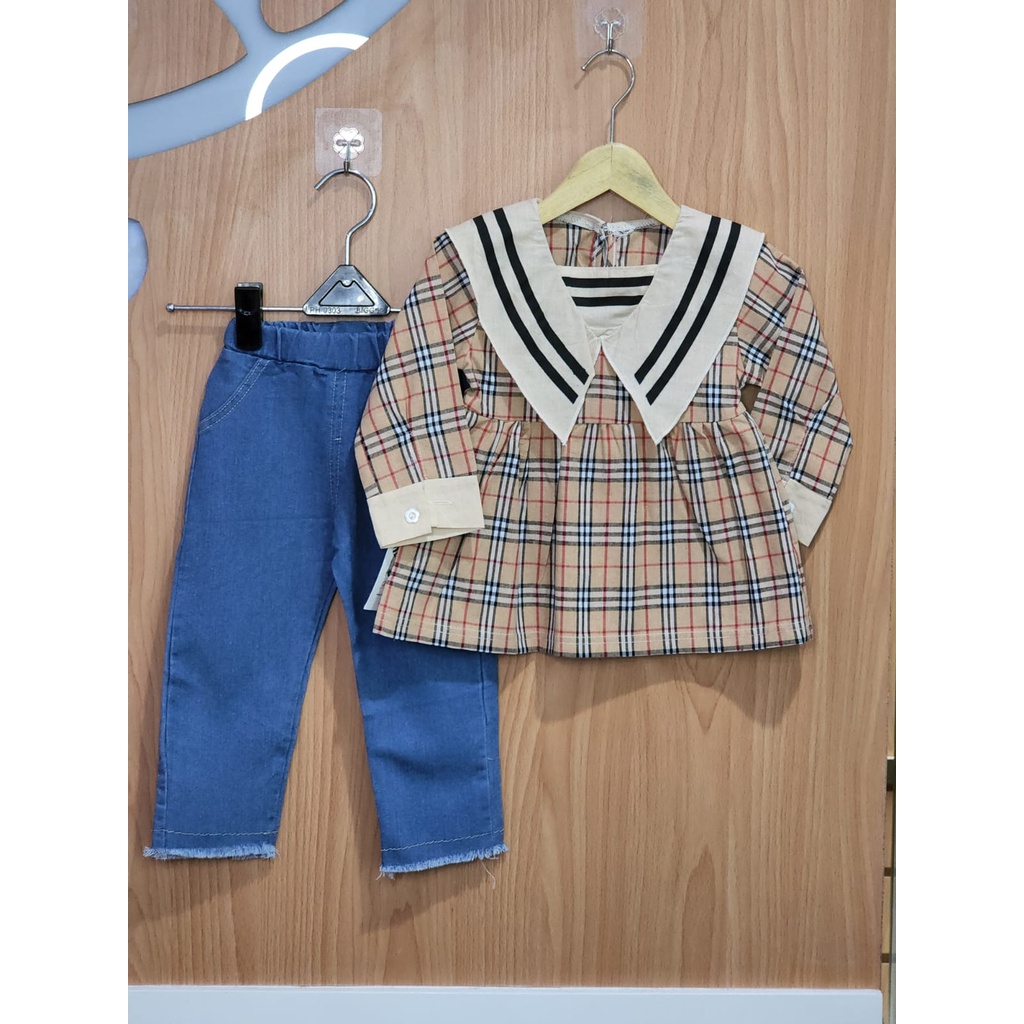 Setelan Jeans Burberry 0M-3Y Setelan Kemeja Kotak Kotak Celana Jeans Setelan Fashion Anak Perempuan Import High Quality CBKS