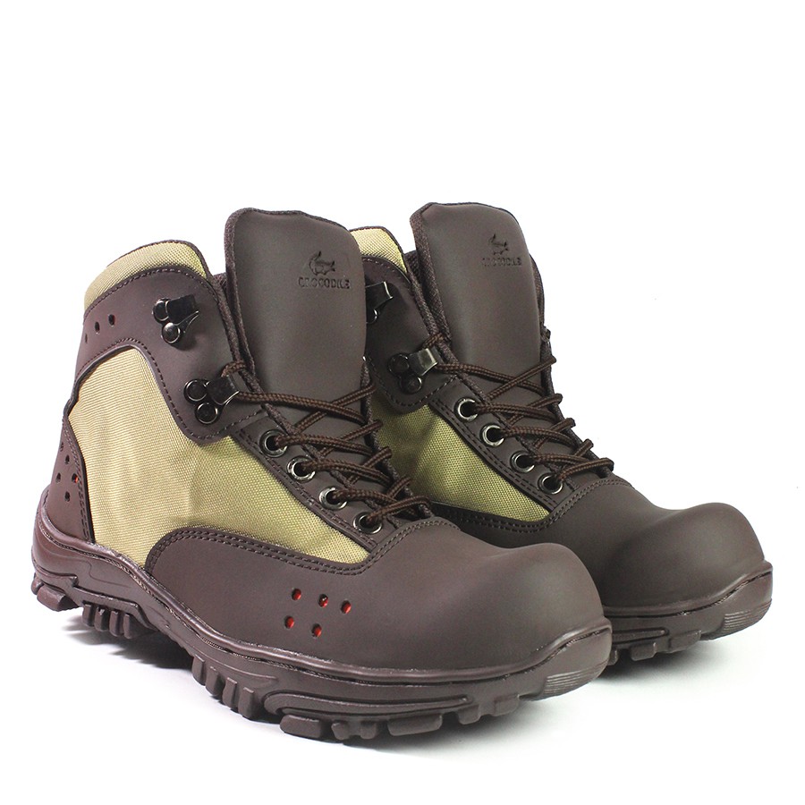 Sepatu Bots Sefty Crocodile Tanker PDL Coklat Ujung Besi Kerja Boots Safety Pria Hiking Handmade Ori