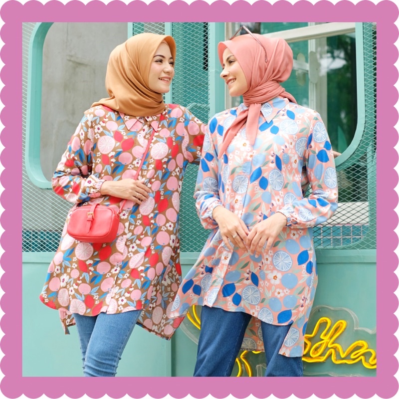 Ounadoutfit orange blouse wanita motif lucu busui / atasan motif rayon / kemeja wanita kekinian  / baju muslim motif