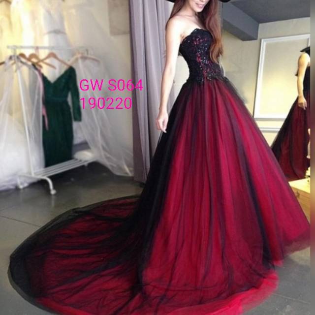 Gaun Wedding Pengantin Garis Hitam Dan Merah Buatan Tangan Gaun Tanpa Tali Shopee Indonesia