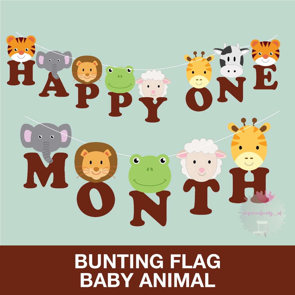 Banner Bunting Flag Happy One 1 Month Bulan Baby Bayi Animal