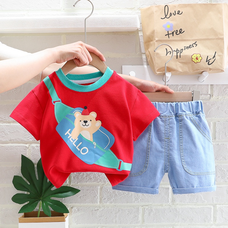 Setelan Anak Laki Laki ARCHIE Baju Set 2in1 Kaos dan Celana Soft Jeans Pendek Korean Style Import