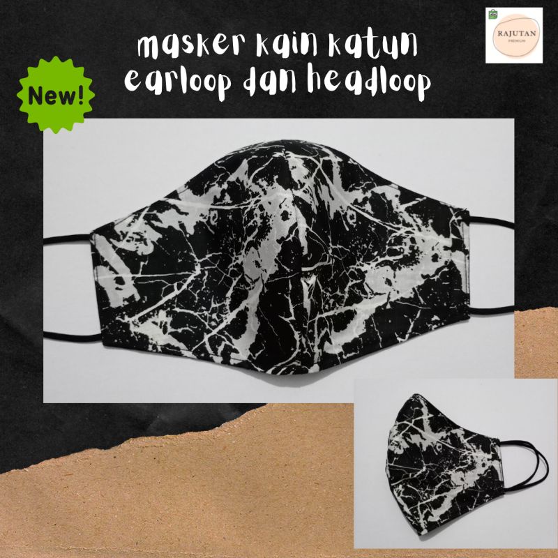 masker kain katun murah tebal headloop earloop karet hijab duckbill abstrak marble black hitam