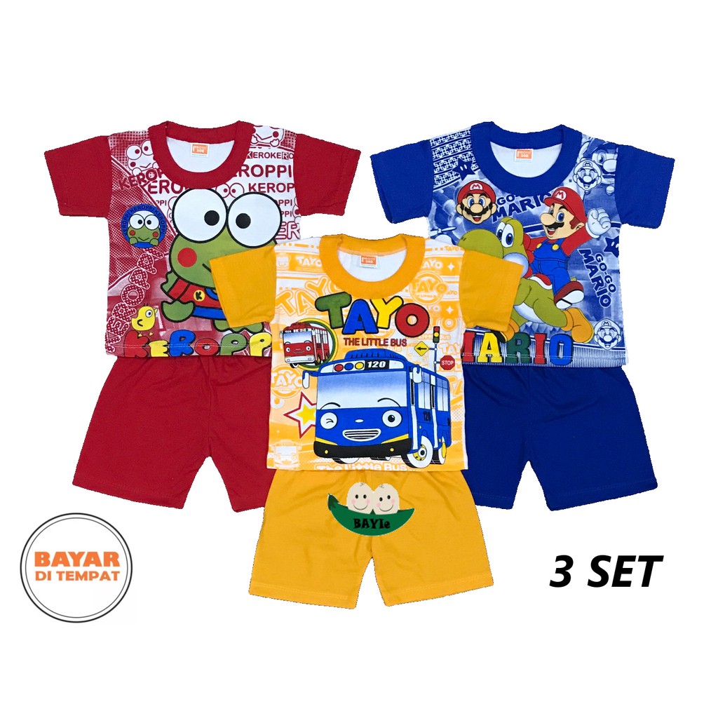 Bayie - 3 SET Setelan Pendek Kaos Oblong Bayi/Anak Laki-laki/Perempuan KARAKTER TUA PROTO 3-12 bulan