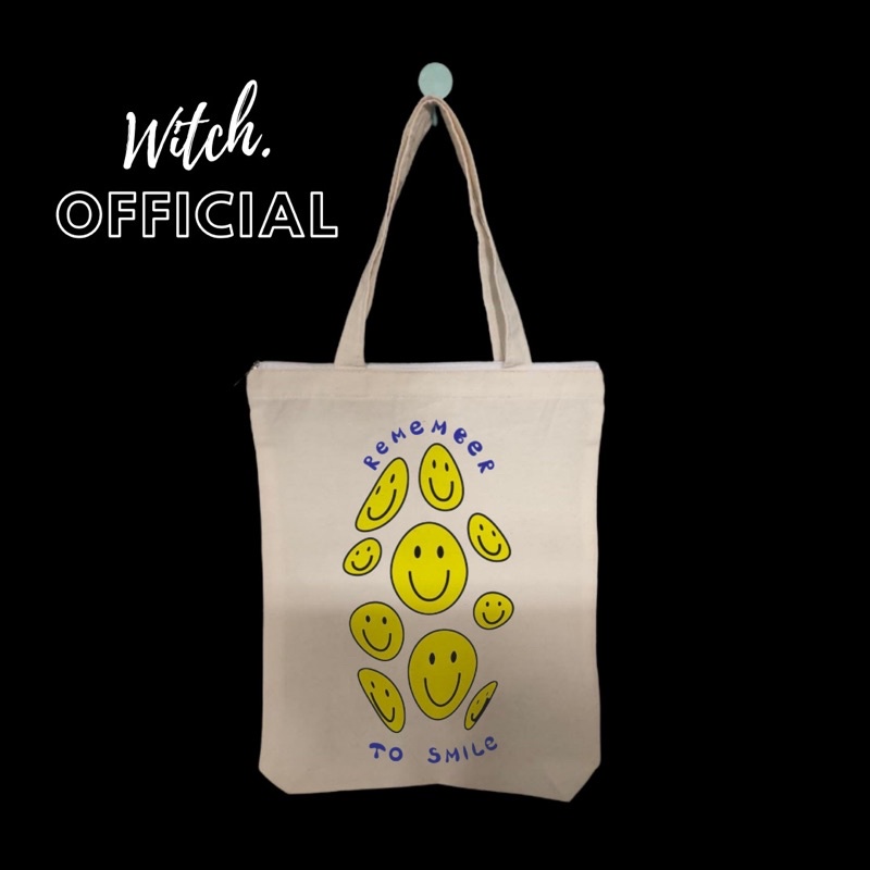 TOTE BAG REMEMBER TO SMILE - TOTE BAG VINTAGE AESTHETIC  - RESLETING CREAM PRIA WANITA TAS SELEMPANG