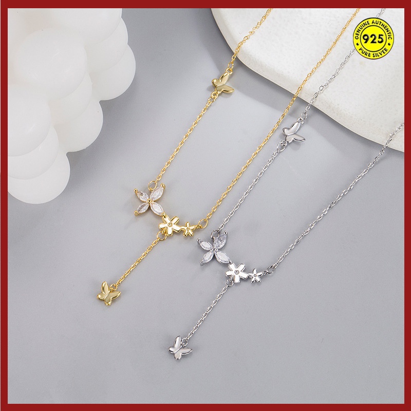 Kalung Rantai Sterling Silver 925 Dengan Liontin Bunga + Kupu-Kupu Untuk Wanita / Musim Panas Butterfly